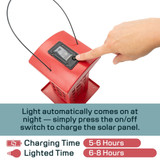 North States Nature's Yard Solar Red Phone Booth Birdfeeder: Light automatically comes on at night - simply press the on/off switch to charge solar panel. Charging time 5-6 hours, lighted time 6-8 hours.