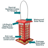 North States Nature's Yard Solar Red Phone Booth Birdfeeder: Squirrel-resistant cable for hanging, lift roof to easily  fill & clean feeder, waterproof solar panel, anti-rust, durable metal construction, drainage holes keep seed dry.