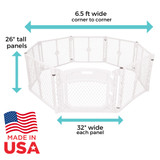 Toddleroo by North States Superyard Ultimate 8-Panel Dove White: Made in USA - 6.5 ft wide corner to corner, 26" tall panels, 32" wide each panel.