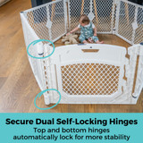 Toddleroo by North States Superyard Ultimate Dove White: Secure Dual Self-Locking Hinges - top and bottom hinges automatically lock for more stability.