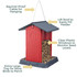 Red Shed Birdfeeder: squirrel-proof cable for hanging, lift roof to easily fill feeder, clear plastic windows to monitor seed levels, extra-large tray for more birds to perch