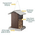 Outhouse Birdfeeder: squirrel-proof cable for hanging, lift roof to easily fill feeder, clear plastic windows to monitor seed levels, extra-large tray for more birds to perch