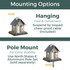 Bayside Cottage Birdfeeder: Mounting options - Hanging, fast and convenient, suspend by looped chew-proof cable (included) or Pole Mount for extra stability, use North States 6' Aluminum Pole Set (sold separately).