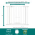 Wide Walk Thru Easy Pass Pet Gate: Adjusts to fit openings 29.75" - 37.5", door panel 22", 30" tall, widest space between vertical bars is 2.42". Material: Heavy duty steel, Color: White, Mounting: Pressure.