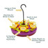 Purple Orchid Hanging Tray Hummingbird Feeder: Hang or pole mount, built-in ant moat, perches for birds to rest, 12 feeding ports for hummers, clear plastic to monitor nectar level. 