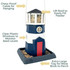 Large Nautical Navy Lighthouse Birdfeeder: Chew-proof cable for hanging, lift roof to easily fill feeder, clear plastic windows to monitor seed levels, extra-large tray for more birds to perch.
