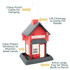 Red General Store Birdfeeder: Chew-proof cable for hanging, lift chimney to easily fill feeder, clear plastic windows to monitor seed levels, extra-large tray for more birds to perch.