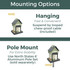 Antique Store Birdfeeder: Mounting options - Hanging, fast and convenient, suspend by looped chew-proof cable (included) or Pole Mount for extra stability, use North States 6' Aluminum Pole Set (sold separately).