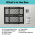 Supergate Secure Black: What's in the box - 1x pre-assembled gate, 2x casement hinges, 2x gate hinges, 4x wall cups, 4x tape pads, 8x screws, 1x instruction manual.