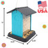 Fiesta Blue Hopper Birdfeeder dimensions: 11" tall, 8.25" wide, 8.25" deep. Made in USA.