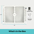 Superyard Classic Dove White: What's in the box = 12 skid-resistant pads, instruction manual, 6 Superyard panels each 26" tall x 32" wide.