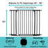 StepSafe Auto-Close Gate Black: Adjusts to fit openings 29"-38" wide, extra wide 19" door opening, 30" tall. Material: heavy duty steel, Color: black, Mounting: Pressure or Hardware.