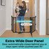 Deluxe Décor Universal Fit Gate Black:  Extra-Wide Door Panel 25.5" wide door, other doors 16" - door automatically closes behind you or stays open when pushed past 90 degrees.