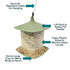 North States Garden Pavilion Birdfeeder Sage Green: Squirrel resistant cable for hanging. Lift roof to easily fill feeder. Clear plastic slides to monitor seed levels. Extra-large tray for more birds to perch.