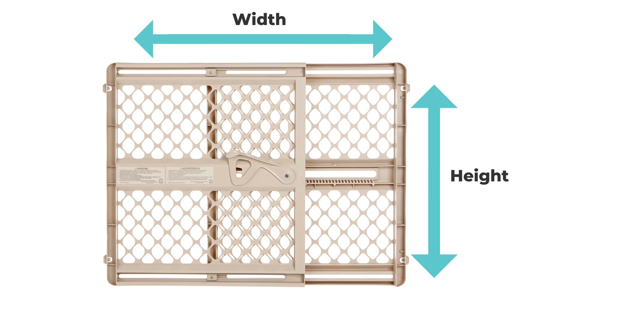 Tan Baby gate with arrows pointing out the width at the top and height on the side