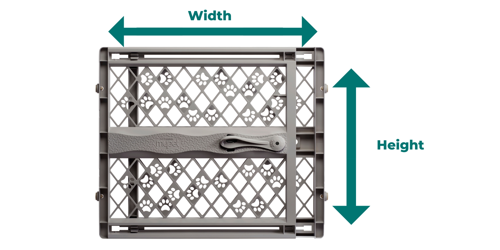 Gray Paws Portable Petgate with arrows pointing out the Width at the top and Height on the side