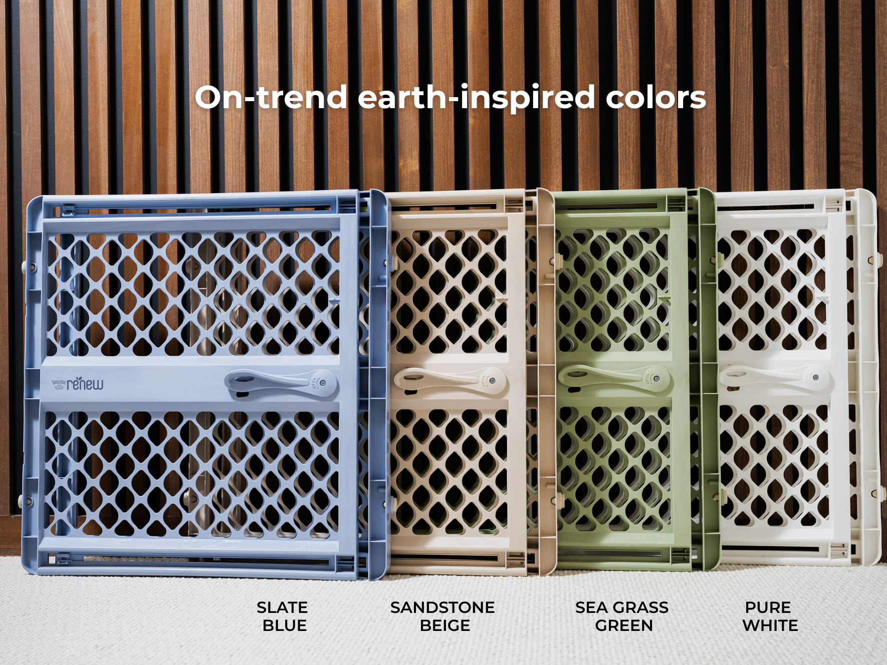 On-trend earth-inspired colors: slate blue, sandstone beige, sea grass green, pure white.