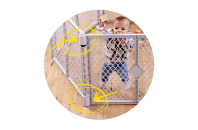 Baby in Superyard showing the dual-locking hinges