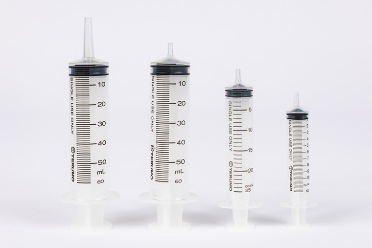 Syringes are available in a range of sizes for large or small simulated blood quantities.