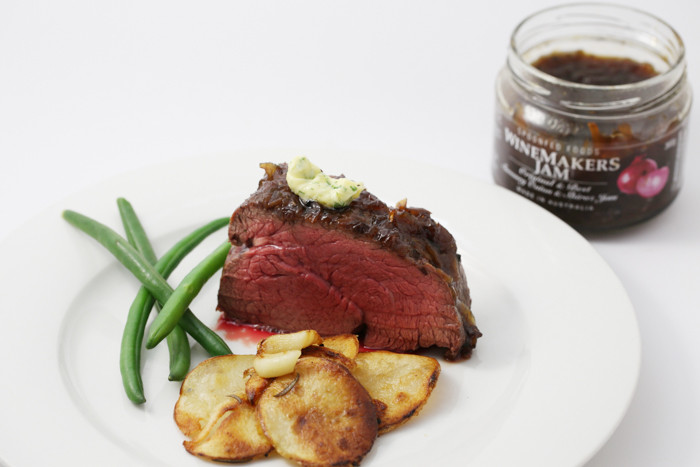 Oven Roasted eye fillet with Winemakers/Red Onion Jam & garlic butter