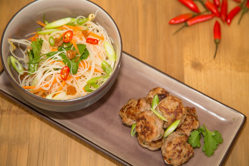 Thai style pork meatballs with rice noodle salad and Pork Jam