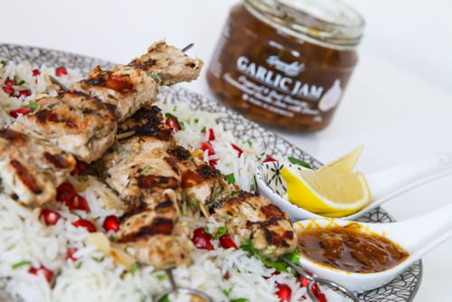 Jerk chicken skewers with rice and Garlic Jam