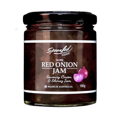 Red Onion Jam, savoury onion and shiraz jam, perfect with many foods and amazing with cheese.