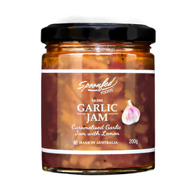 Garlic jam, caramelised garlic with lemon. Brilliant with steak, sausages, poultry, cheese & stir-fries.
