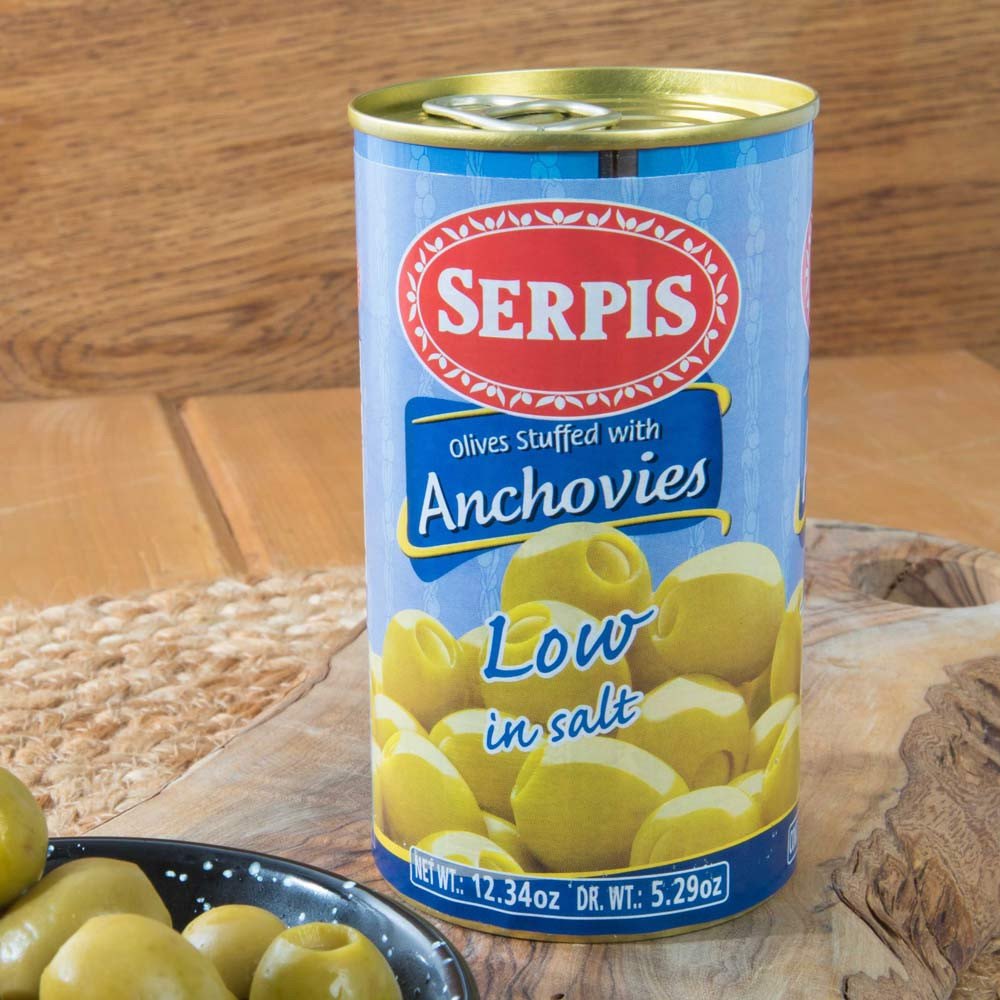 Low-Sodium Manzanilla olives stuffed with Anchovies by Serpis