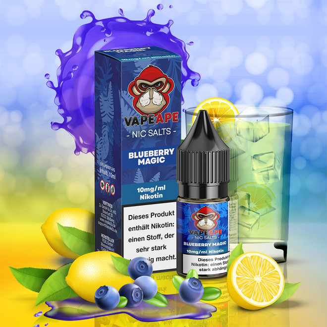 Vapeape Liquid mit Lila Hintergrund Früchten und Glas mit Getränk Geschmack Blaubeere Zitrone