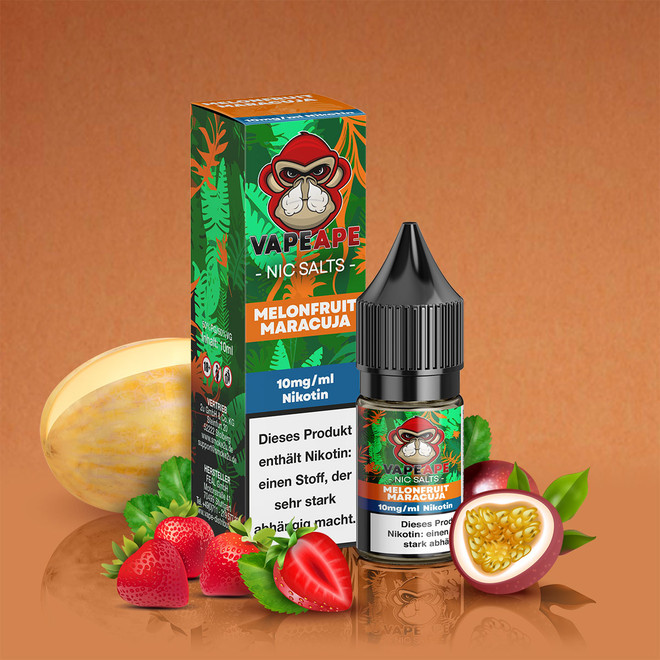 Vapeape Liquid mit Verpackung Brauner Hintergrund Honigmelone, Maracuja, Erdbeere