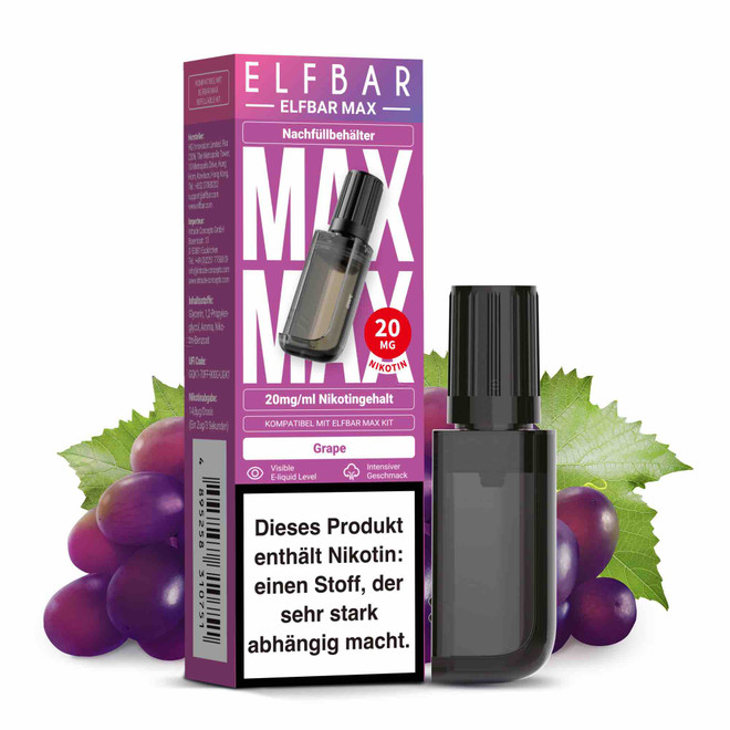 Elfbar Max Pod, mit Verpackung und Früchten Geschmack Grape