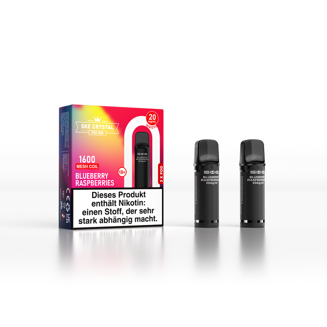 SKE Crystal 800 Pro Verpackung und 2 Pods Geschmack Blueberry Raspberries