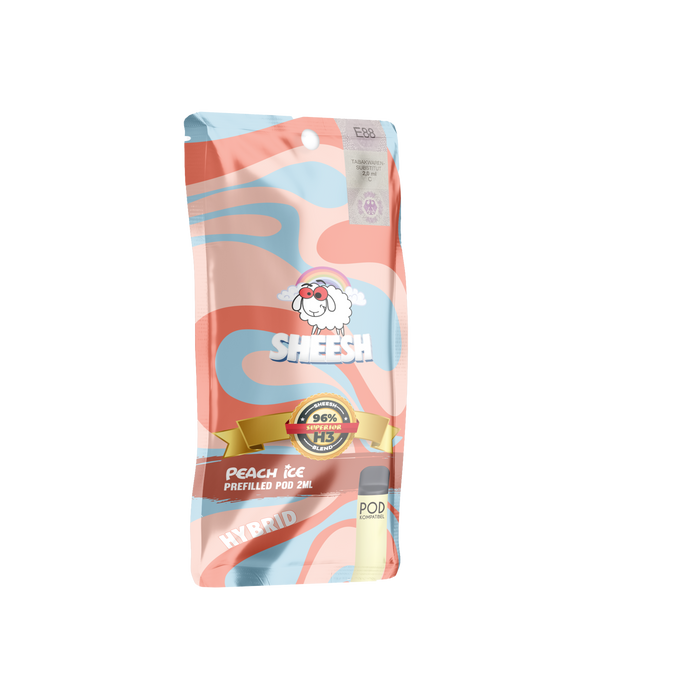 Sheesh Superior Pod neben Verpackung Geschmack Pfirsich