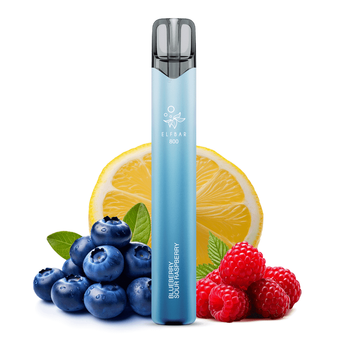 Elfbar Vape 800 mit Zitrone Blaubeere und Himbeeren im Hintergrund