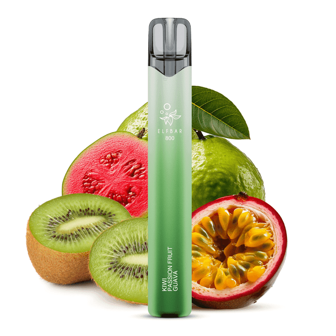 Elfbar 800 Vape mit Kiwi Maracuja und Grave im Hintergrund