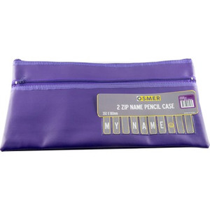 PENCIL CASE PVC CLOTH BACKED WITH ALPHABET NAME INSERT - 35 X 18CM - 2 ZIP - PURPLE