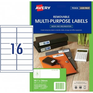 AVERY REMOVABLE MULTI-PURPOSE LABELS 99.1 x 34 mm, Laser, Inkjet, Removable, 400 Labels / 25 Sheets