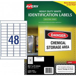 AVERY L4778 WHITE HEAVY DUTY LABELS 45.7 X 21.2 MM, LASER, EXTRA STRONG PERMANENT 1200 Labels / 25 Sheets