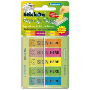 BANTEX POP UP FLAG SIGN HERE 45mm x 12mm 150 Sheets Per Pad Neon Assorted Colours Pack of 5 Pads