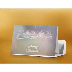 SEASON'S GREETING CARD White Christmas Baubles 183mm x 127mm, Pk100