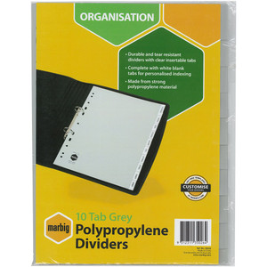 MARBIG POLYPROPYLENE INSERTABLE TAB DIVIDERS 10 Tab A4 Grey With Insert Tabs **While Stock Last** *** While Stocks Last ***