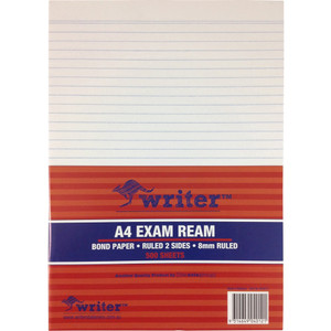 WRITER A4 EXAM PAPER 55gsm Paper 8mm Ruled (NO HOLES / NO REINFORCEMENT), Rm500