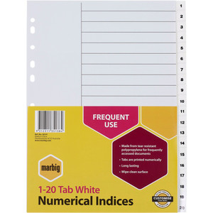 MARBIG POLYPROPYLENE DIVIDERS - NUMERICAL 1-20 A4 White