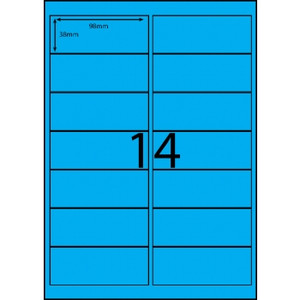 A4 COLOURED LASER LABELS SQUARE EDGES 98mm x 38mm, 14 Labels p/page, Fluoro Blue, Bx100