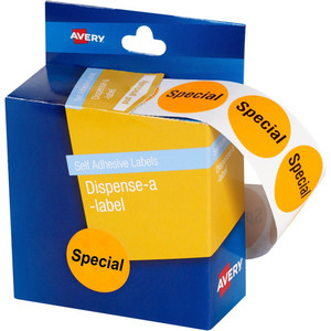 AVERY DISPENSER LABELS PRINTED Special Orange/Black 24mm Diameter (Box of 500) *** While Stock Lasts ***