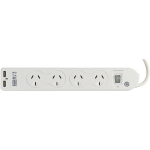 ITALPLAST 4 Outlet Powerboard with Master Switch, Surge Protection & 2 USB Outlets - White