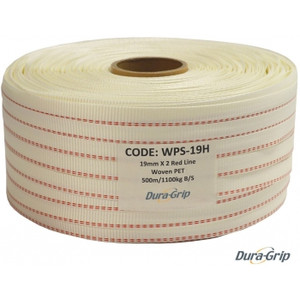 POLY WOVEN STRAPPING 19MM X 500M DURA-GRIP 76MM CORE SIZE – 2 RED LINES