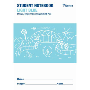 WRITER PREMIUM STUDENT NOTE BOOK LIGHT BLUE 64 PAGE SINGLE RULED 12MM / PLAIN