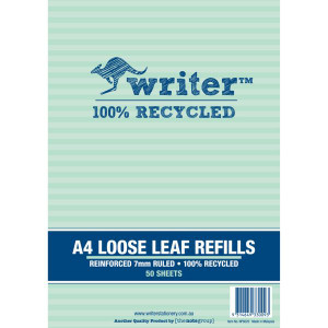 A4 LOOSE LEAF REINFORCED BINDER REFILLS 60GSM 8MM RULED RECYCLED PK50